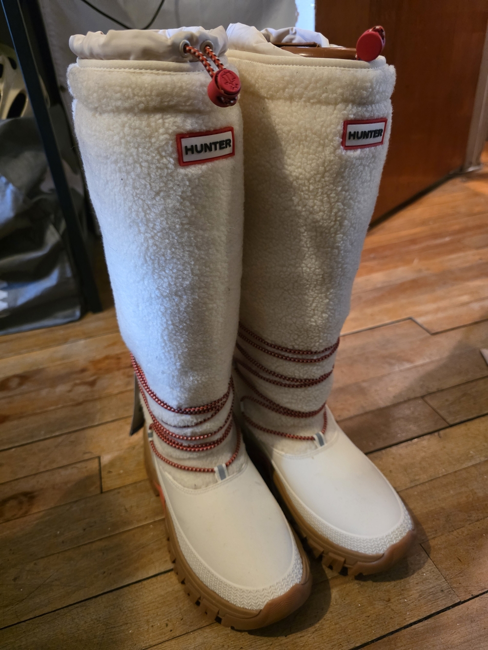 Hunter White Sherpa Tall Rain Boots with Red Trim